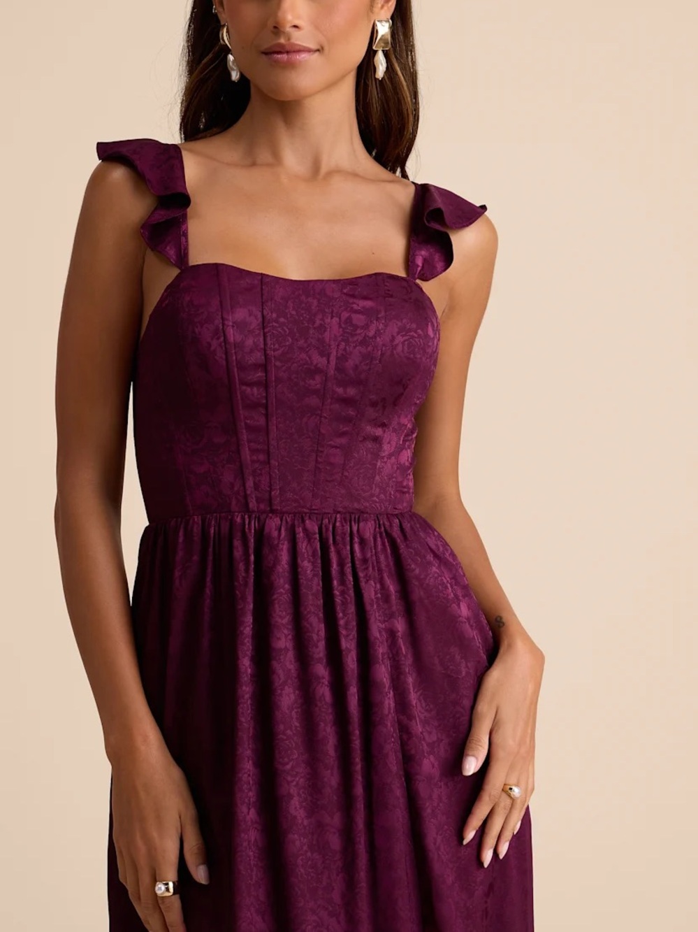 NWT Lulu’s Arlaith Plum Jacquard Lace-Up Corset Maxi Dress - Picture 3 of 4
